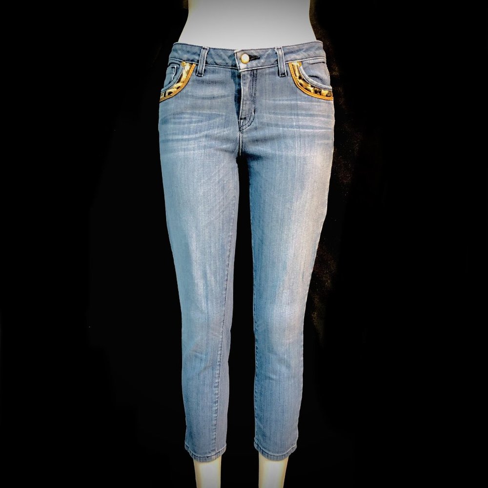 Cache Skinny Leg Leopard Pocket Blue Jeans